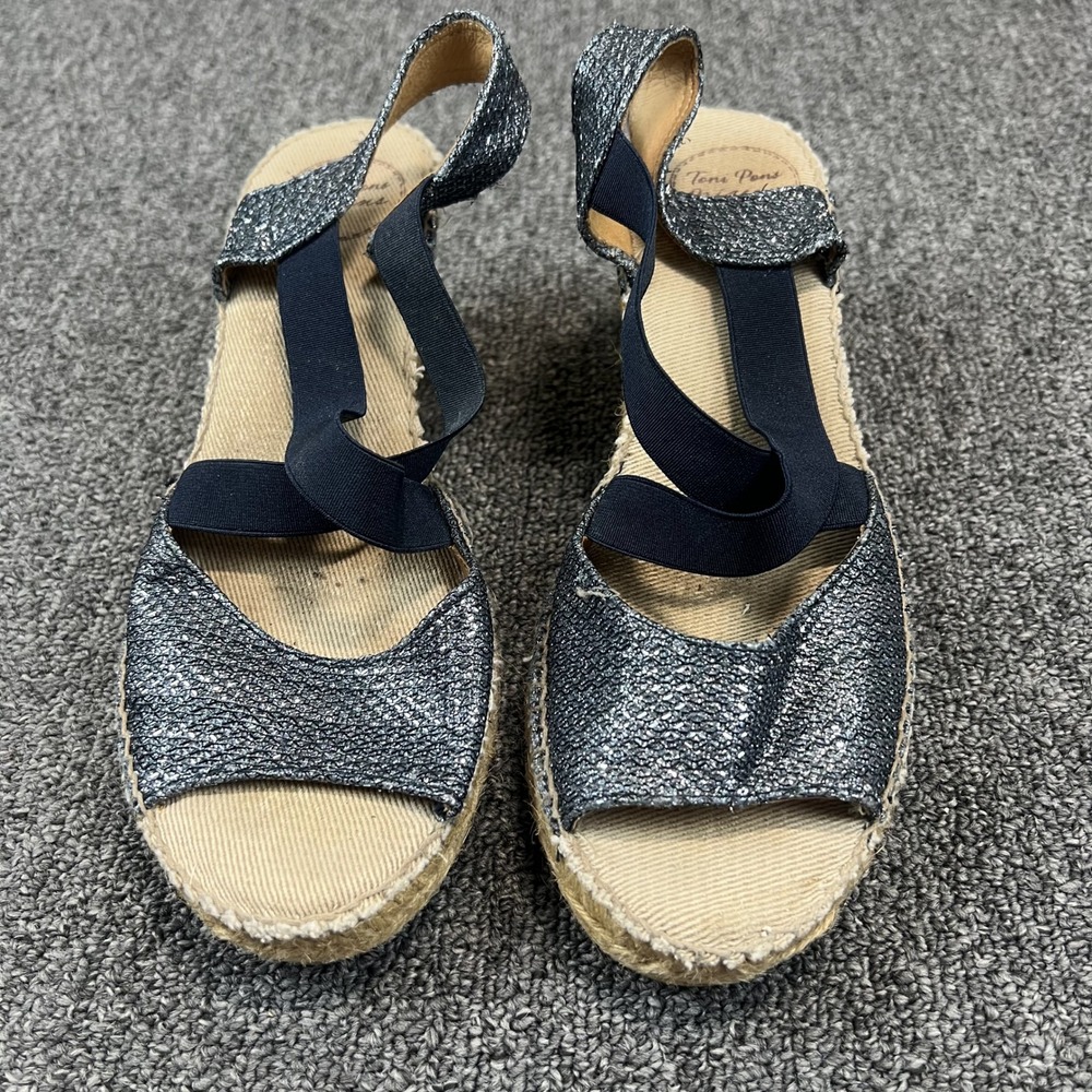 Toni Pons Boho Metallic Espadrille Wedge Sandals 40 Blue Silver Sparkle Spain